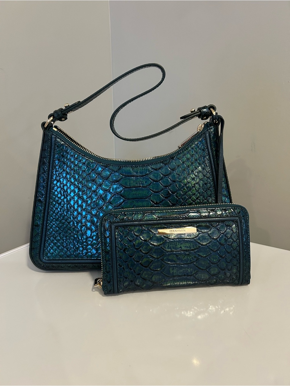 Brahmin Esme Teal Embossed Leather Shoulder Bag & Wallet Set